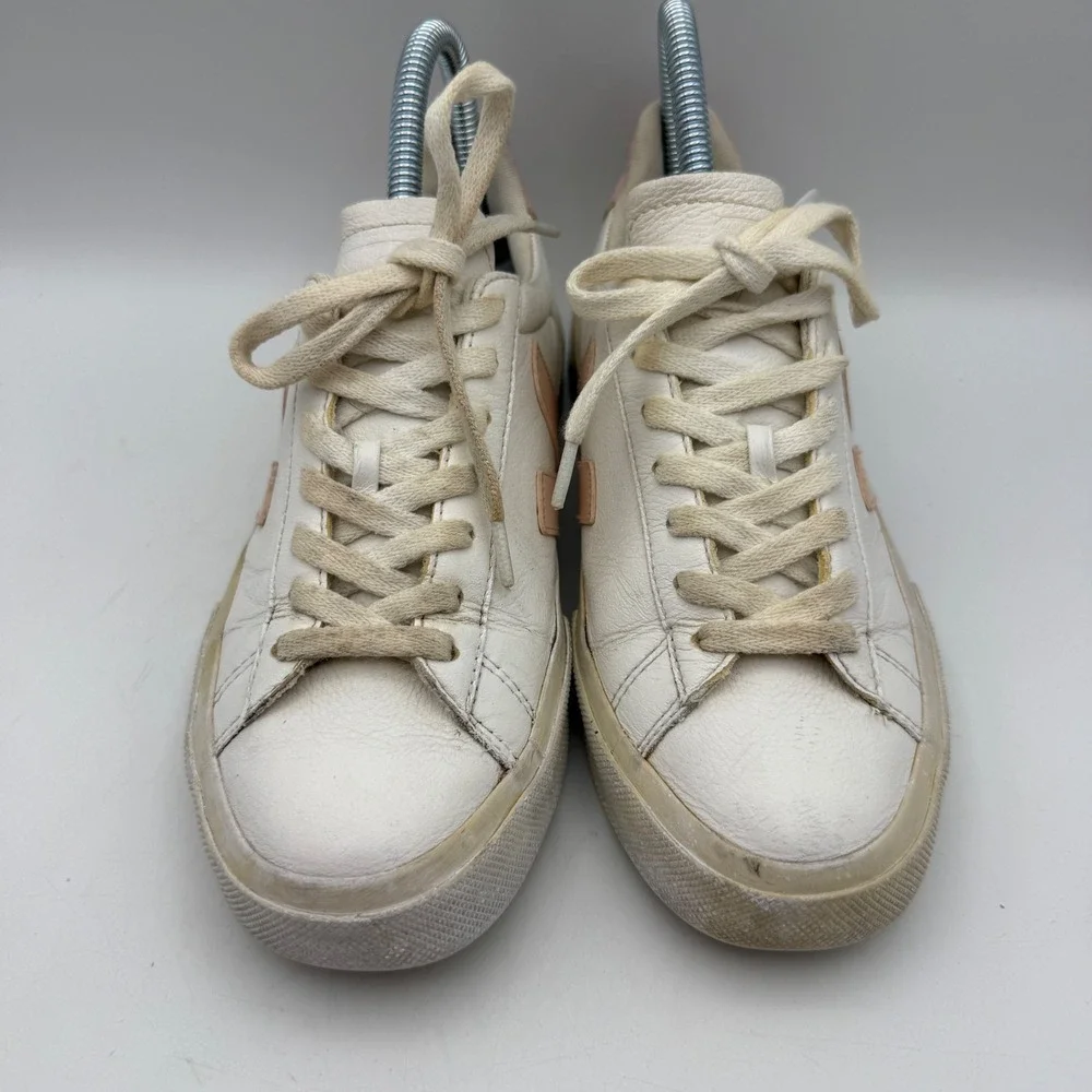 Veja Campo Sneakers‎ Womens 6 White Peach Pink Leather Low Top Lace Up Shoes